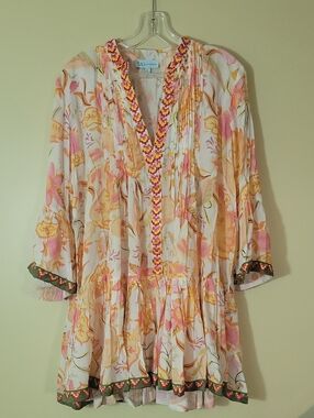 TAJ by Sabrina Crippa Bell Sleeve Mini Dress sz LARGE  Soma Orange pink sequins